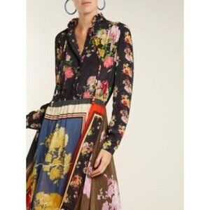 Preen Line Mila Printed Crepe De Chine Dress Black Floral Foulard